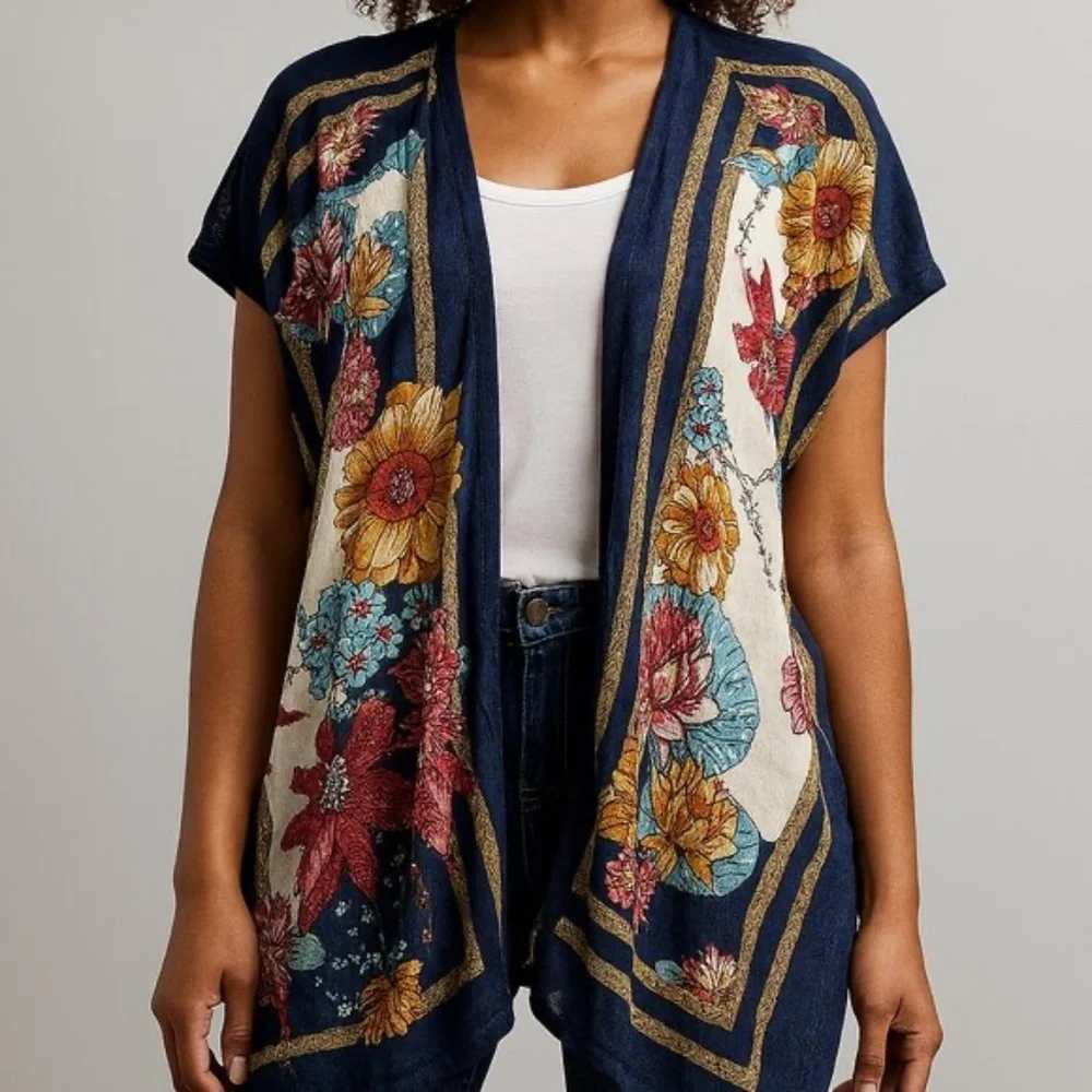 Anthropologie Moth Floral Kimono Tunic Boho Tie Waist Wrap Top Small